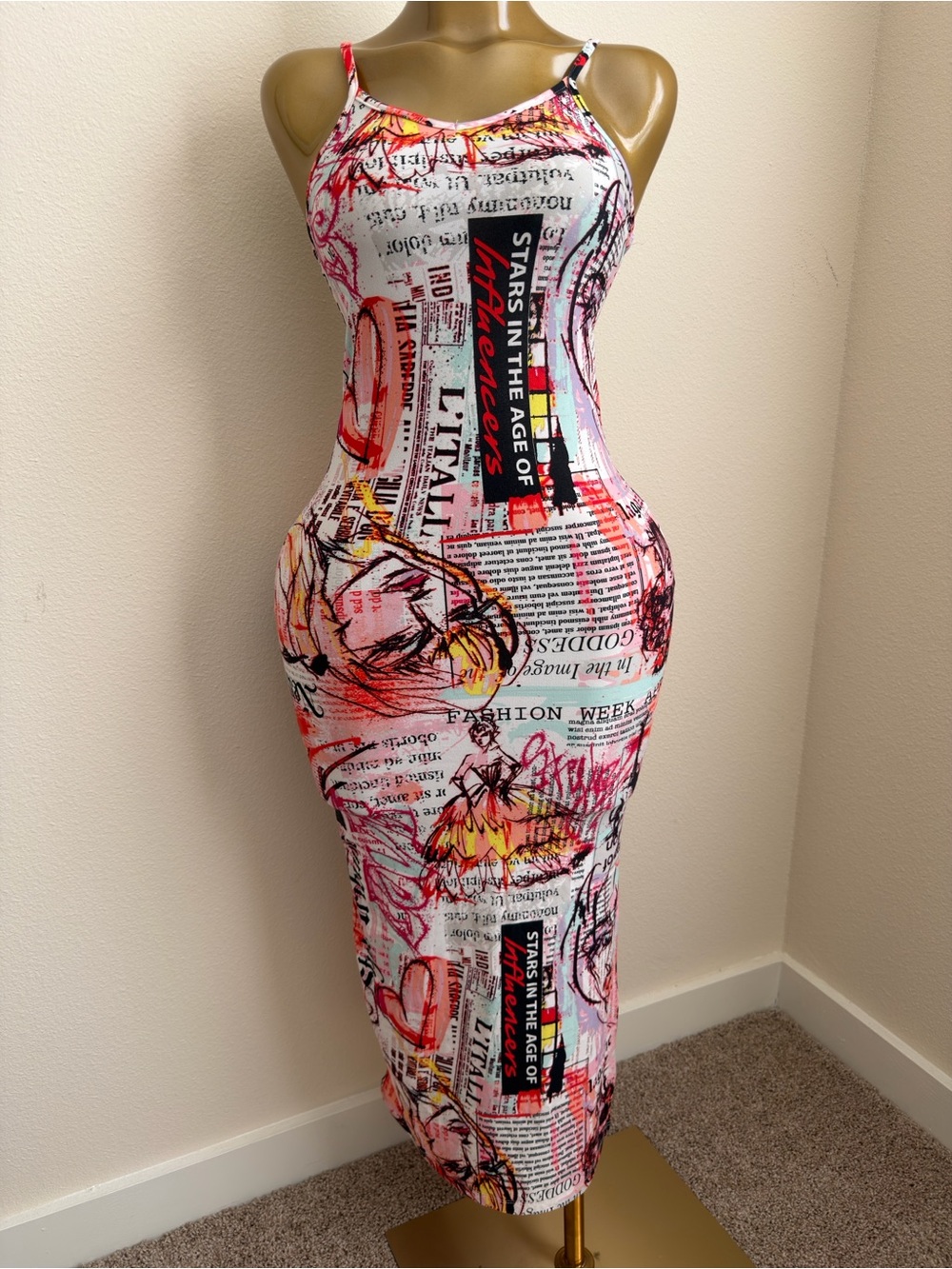Sleeveless Newspaper-Print Midi Dress in White with Pink & Red Accents
